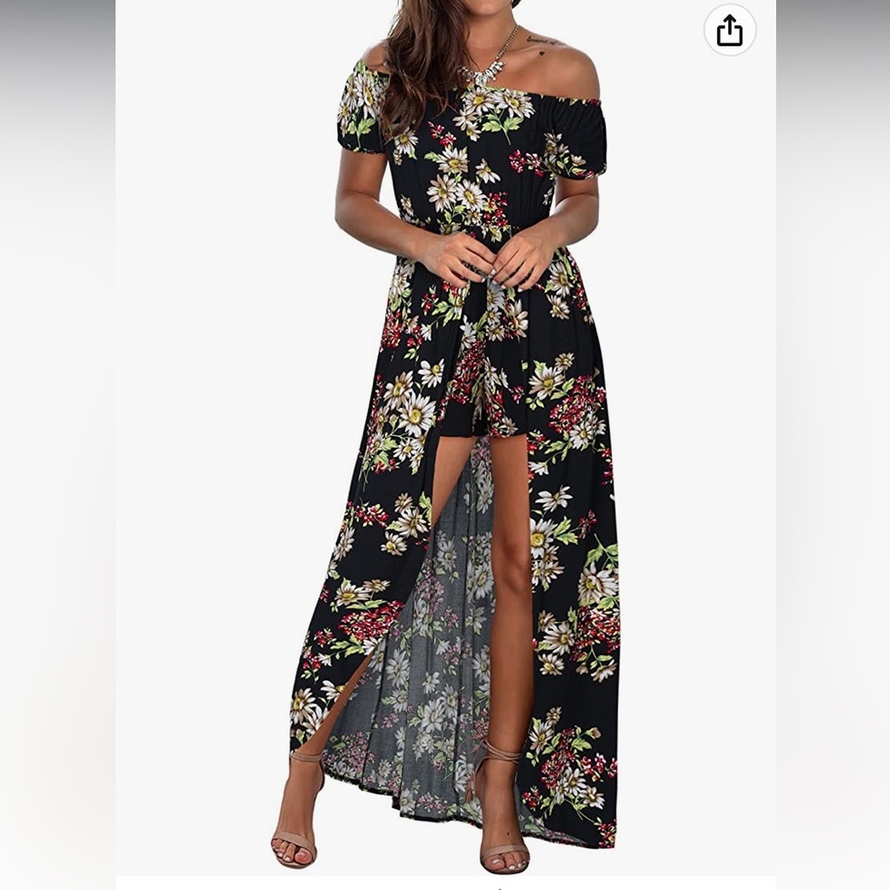 ✨Off Shoulder Floral Rayon Party Split Maxi/Shorts Romper Dress✨
